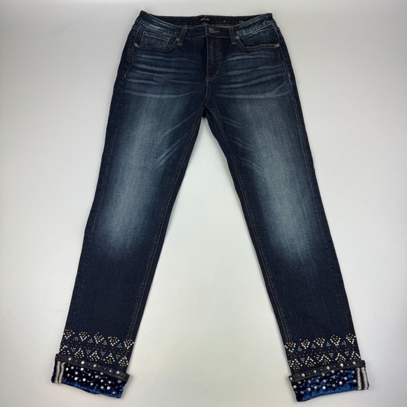Miss Me Size 28 'Stud Me Up' Cuffed Ankle Skinny Dark Blue Jeans Velvet Trim - Picture 1 of 10